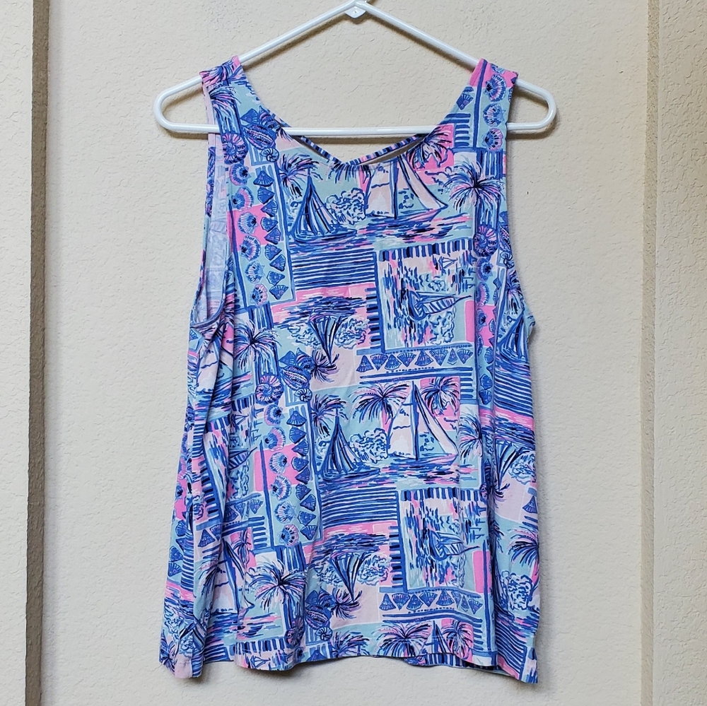 Lilly Pulitzer Blue and Pink Tropical Print Tank Top